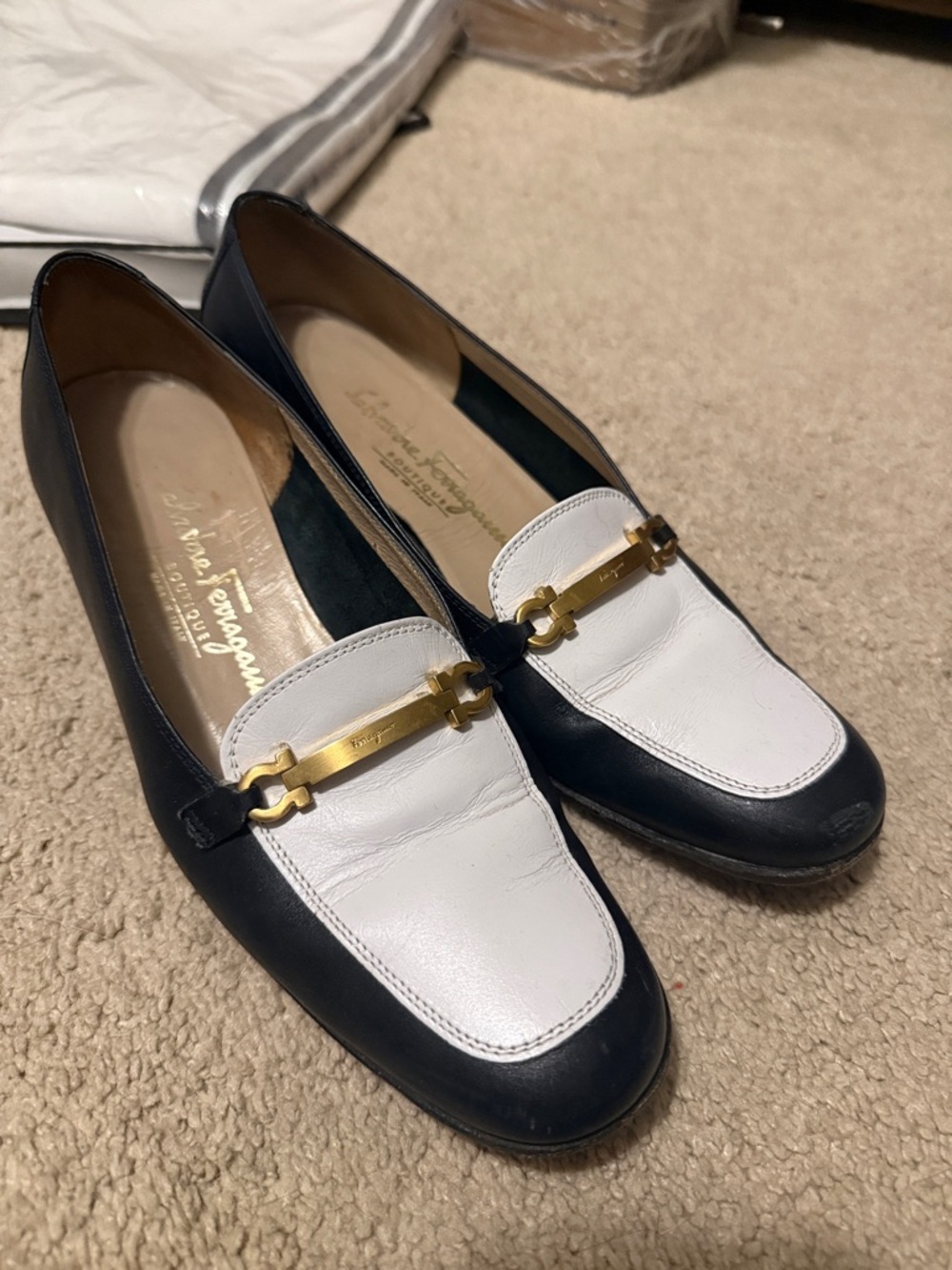 Salvatore Ferragamo Navy and White Leather Bit Loafers